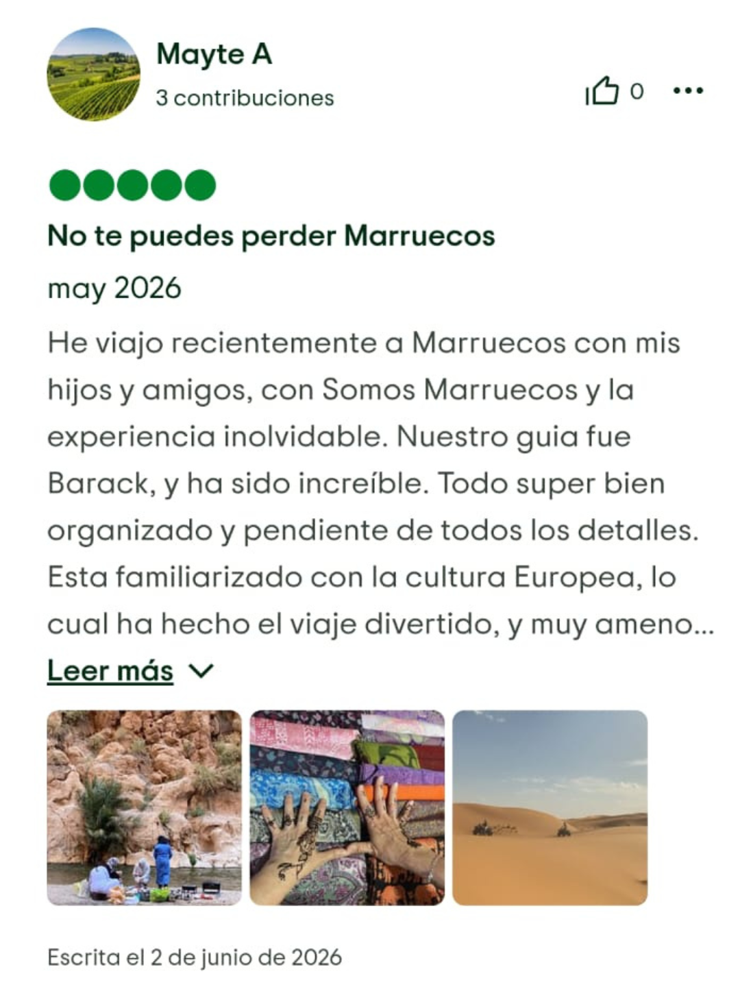 Captura de una opinion de TripAdvisor sobre la ruta por Marruecos