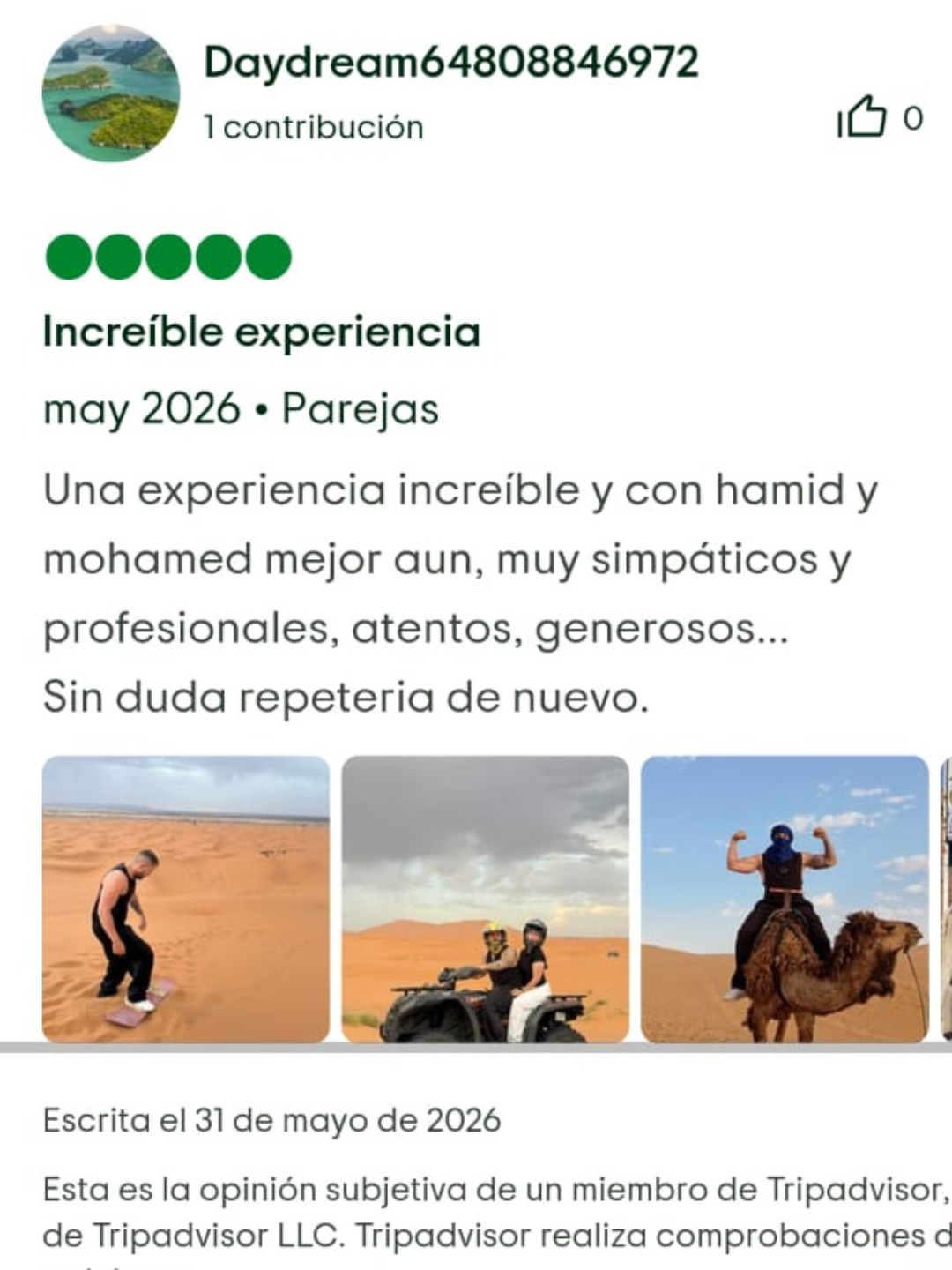 Captura de valoracion de TripAdvisor de un viajero
